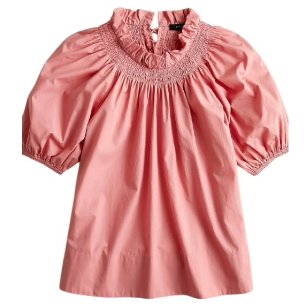J CREW Smocked Ruffled Neck Puff-Sleeve Cotton Oversized Poplin Top Women's XXS